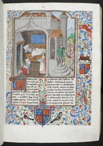皇家 MS 15 D I f.18r 照顾病人的妇女，"Guyart des Moulins，La Bible historiale"，约 1470-79（牛皮纸上的墨水、彩色和金色）。 作者 French School