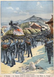 日俄战争 在切穆尔波，日本人向维拉格号的两名水手致以最后的荣誉。4月3日的《小巴黎人》杂志 作者 法语学校