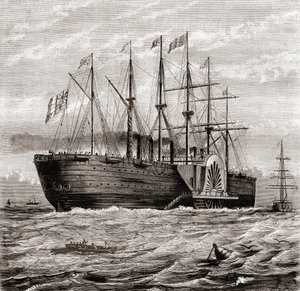 SS Great Eastern，由 Isambard Kingdom Brunel 设计的铁制帆船蒸汽船，来自 Les Merveilles de la Science，出版于 1870 年（雕刻） 作者 法语学校