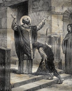 康布雷和阿拉斯的圣奥贝尔（Saint-Aubert）（633-667?）欢迎他的弟子和浪荡教子兰德林（613-），他是沃克斯领主的儿子，并原谅了他三年来的错误。1899年12月16日 "Le Pelerin "杂志上的版画。 作者 法语学校