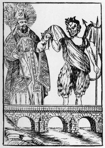 Saint Cado (or Cadoc or Catuod or Catoc or Cazut or Cadochus) legendary saint Christian gives a cat to the devil in exchange for building a bridge - popular images Perret 作者 法语学校