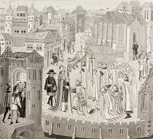 康布拉主教圣格拉杰里克斯（Saint Gaugericus）从保守拉克鲁瓦（Paul Lacroix）的“中世纪军事和宗教生活”中抵达该市接受任命，出版于伦敦1880年 作者 法语学校