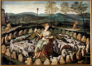巴黎的守护神圣吉纳维芙（Sainte Genevieve）在养羊 法国学校的绘画，来自巴黎的圣梅里教堂 作者 法语学校