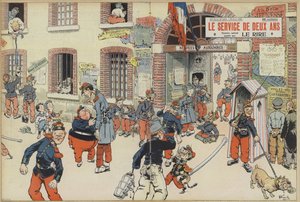 讽刺将征兵制度引入法国军队。 Le Rire 插图（彩色石版画） 作者 法语学校