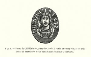 克洛维斯之父 Childeric I 的印章，在 Sainte-Genevieve 图书馆的一份手稿中发现的印记（雕刻） 作者 法语学校