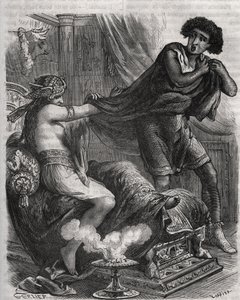 圣经》中的一幕。"她抓着那太守妇道的年轻人的外衣"。普提乏（Potiphar）的妻子试图勾引法老的奴隶约瑟夫。亨利-德-科克（Henry de Kock）（1819-1892）1871年在 "Histoire Des Cocus Celebres "中的版画。 作者 法语学校
