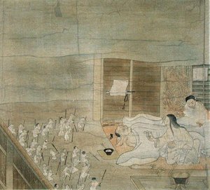 神志不清的场景，12世纪藤原三长的手绘作品的复制品，出自《The Kokka》，1904年4月（彩色平印）。 作者 法语学校