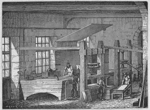 科学。 造纸。 手工纸。 雕刻地点：伟大人物和工业的伟大成就，法国，c.1880（雕刻） 作者 法语学校
