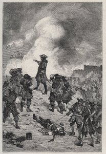 塞巴斯蒂安-普雷斯特-沃邦（Sebastian the Prestre seigneur of Vauban）（1633-1717），1695年，法国海军司令在布雷斯特抵御英国舰队的攻击--路易-大仲马1889年的 "法国名人 "中的雕版画。 作者 法语学校