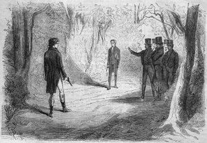 Serie novel: “” Rich and Poor”” by Emile Souvestre (1806-1854). The duel of Boissard and Larry. Engraving in “” Les bons romances”” 作者 法语学校