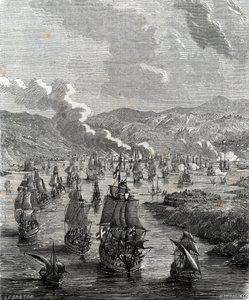 土伦之围发生在1707年7月29日至8月21日西班牙王位继承战争期间，当时盟国的陆上和海上部队围困了法国在土伦的海军基地（雕刻）。 作者 法语学校