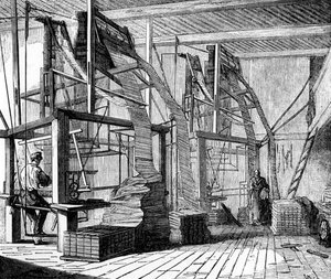 丝绸工作者在使用提花织机的里昂车间，1880年 作者 法语学校