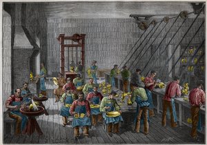 19世纪法国的银器作坊。雕刻于1885年的 "Les arts et metiers illustrstres"，作者是Adolphe BITARD。 作者 法语学校