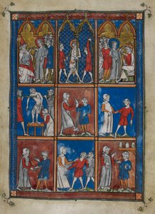Sloane MS 1977 fol.6r 九幅微型画展示了圣经和医学场景。上图为基督在该亚法和彼拉多面前；鞭刑。中间和下方，医生治疗骨折和其他疾病的病人 作者 法语学校