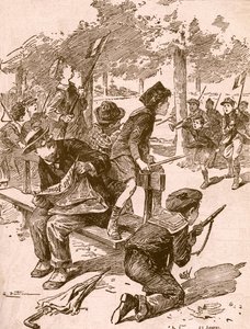 第一次世界大战期间，小男孩在法国玩战争游戏。 摘自 1917 年出版的《Buvard du Bon Marche 议程》。 作者 法语学校