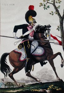 帝国时期的法国家庭骑兵士兵（彩色平版印刷）。 作者 法语学校
