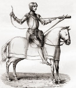 马背上的士兵使用手握式炸弹，14世纪末和15世纪初，根据Marianus Jacobus的手稿绘制，出自《科学的奇迹》，约1870年出版（雕刻）。 作者 法语学校