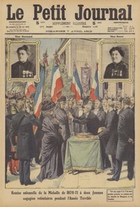 向两位法国安妮女志愿者庄严颁发普法战争勋章……（彩色石版画） 作者 法语学校