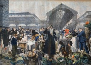 早晨在Les Halles市场的汤摊，来自《小报》的插图，1897年3月2日--巴黎的la soup aux Halles le matin--Fortune-Louis Meaulle根据Jean Jacques Rousseau（1861-1911）的作品雕刻的。 作者 法语学校