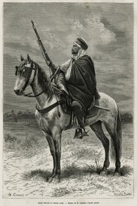 Spahi, efficient rider and dread contributing to the conquest of Algeria, at the service of France, detaches at the Arab office, engraving after a drawing by H.Charles, to illustrate the story Tebessa and its monuments (Algeria), by A. Heron de Villefosse, 作者 法语学校