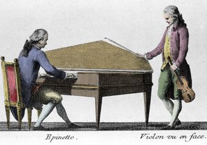 Spinette 和小提琴手。 雕刻于 18 世纪末。 作者 法语学校