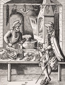 刺客制造者，由Jost Amman（1539-91）从&39;中世纪和文艺复兴时期&39;由Paul Lacroix（1806-84）出版的木版画复制品1847年发行（版画） 作者 法语学校