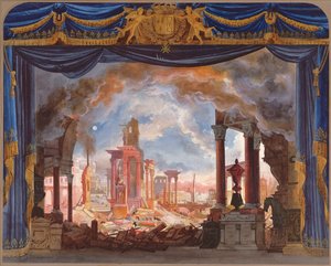 罗西尼的Le Siege de Corinthe第三幕舞台设计（纸上写着） 作者 French School