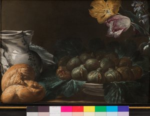 静物与无花果，水罐，鲜花和面包盘子，1740-50 作者 法语学校