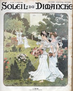 夏日寓言：身着白裙的妇女在花园里手捧玫瑰花篮，其他人则在果园里采摘苹果 作者 法语学校