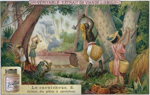 挖掘橡胶树，促销广告卡为Veritable Extrait de Viande Liebig，19世纪末 作者 法语学校