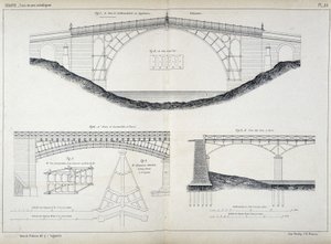 Coalbrookdale（1779 年，英格兰）、奥斯特里茨和巴黎艺术学院的 Ironbridge 桥梁的技术图纸，取自巴黎 Debaure 编着的“Manuel de l