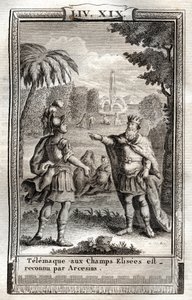 泰勒马科斯在香榭丽舍被阿克塞斯认可--1798年在莫内之后的雕刻，由弗朗索瓦-德-萨利尼亚克-德-拉莫特-费内隆的《泰勒马科斯的冒险》（Telemachus的冒险）--。 作者 法语学校