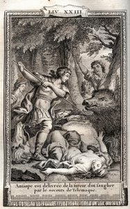 Telemaque给Antiope送去一头野猪--1798年Monnet在Francois de Salignac de La Mothe-Fenelon dit Fenelon的 "Les Aventures de Telemaque, fils d
