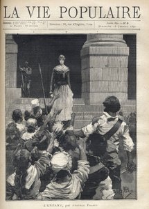 法国大革命期间的恐怖（1793年）：一名年轻女子在威胁她的愤怒人群面前走下革命法庭的台阶。安纳托尔-法兰西（1844-1924年）为 "L