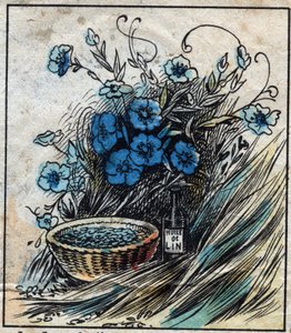 纺织品，亚麻。亚麻花（蓝色），茎由稻草和长丝组成，用于制作亚麻纱。种子可入药，可从中提取油用于工业。雕刻。19世纪末的埃皮纳尔成像。 作者 法语学校