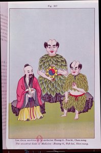 祖先的医学之神：黄熙，Fuh-hsi持有太极，神农品尝药用植物，插图后流行的中国图片（彩色雕刻） 作者 法语学校