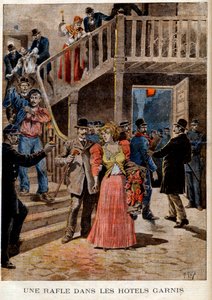 在巴黎的旅馆（寄宿处）逮捕妓女--在旅馆里进行的围捕--载于1895年8月4日的《小报》（雕刻）。 作者 法语学校