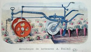 用于提升甜菜根的Bajac机器，约1900年（彩色雕刻）。 作者 法语学校