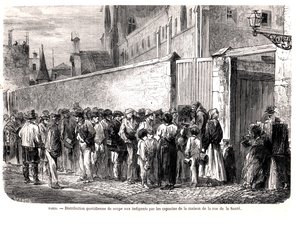 1860年世界报（Le Monde Illustre）上的卢普德拉桑特（Chaue de la Sante）的卷尾猴（Capuchins）向穷人分发每日汤 作者 法语学校