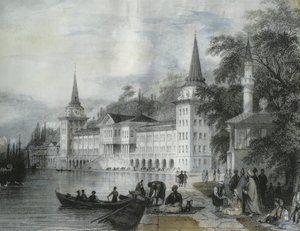 1840年博斯普鲁斯海峡上的Dolmabahce宫（彩色雕刻） 作者 法语学校