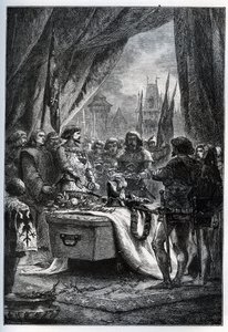 1380年7月13日，沙托纳夫-德-兰登（Chateauneuf-de-Randon，Auvergne）的英国总督投降了，并来把广场的钥匙放在Bertrand du Guesclin（1320-1380）的棺材上，在他面前，该城被围困了。死神之城（Le connetable die 作者 法语学校