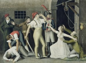 1792年9月Madamemoiselle de Sombreuil的孝道和英雄献身，1800年（笔和墨水，纸和水粉） 作者 法语学校