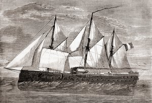 1859 年从 Les Merveilles de la Science 发射的法国铁甲舰 Glory Glory 是第一艘远洋铁甲舰，大约在 1870 年出版（雕刻） 作者 法语学校