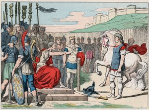 高卢厨师Vercingetorix（公元前80-46年）于公元前52年前往朱尔斯-凯撒（公元前100-44年）的阿莱西亚--Vercingetorix（公元前72-46年）高卢领袖，在阿莱西亚（法国）向凯撒投降--19世纪末在《Nos Gires Nationales - Images》的雕刻。 作者 法语学校