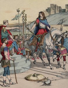 公元前52年的阿莱西亚之战后，高卢人首领Vercingetorix（公元前72-46年）向罗马人首领朱利斯-凯撒（公元前100-44年）投降。- "高卢雄鸡 "首领韦辛格托里克斯（公元前72-46年）在公元前52年阿莱西亚战役后向罗马首领朱利斯-凯撒（公元前100-44年）投降。 作者 法语学校