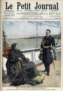 德国皇帝威廉二世(1859-1941)在他的游艇 "蓟 "上访问前皇室欧根尼娅(1826-1920)，《小报》1907年8月11日(雕刻) 作者 法语学校