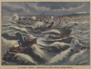 The German steamer Berger-Wilhelm running aground in a storm off Bizerte, Tunisia (colour litho) 作者 法语学校