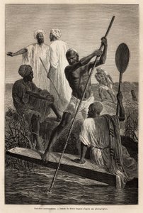 克什米尔船夫，在斯利那加 (Shrinagar) 附近，正在全力工作 - 雕刻以说明旁遮普和克什米尔的故事，由纪尧姆·勒让 (Guillaume Lejean) 于 1866 年创作，发表于“世界之旅”1870-1871 年，由爱德华编辑 查顿，阿歇特版 作者 法语学校