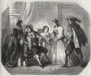 法国国王路易十三（1601-1643年）在与奥地利王后安妮（1601-1666年）交谈时，被卷入了偏头痛。亨利-德-科克（Henry de Kock）（1819-1892年）在 "Histoire Des Cocus Celebres "中的1871年版画。 作者 法语学校