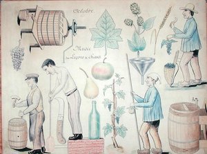 10月。葡萄酒生产（纸上的笔墨和彩色铅笔） 作者 法语学校